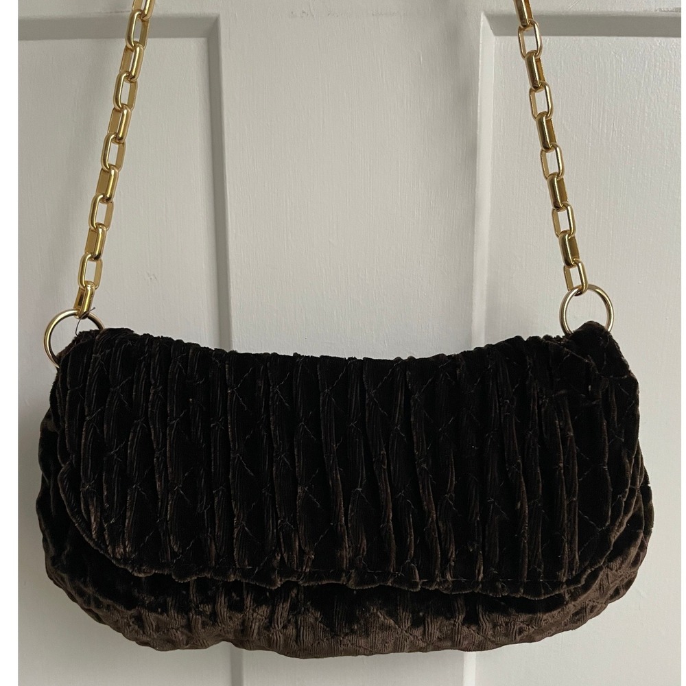Vintage Dark Brown Quilted Velvet Shoulder Bag Ruched Gold Chain Italy Matelassรฉ